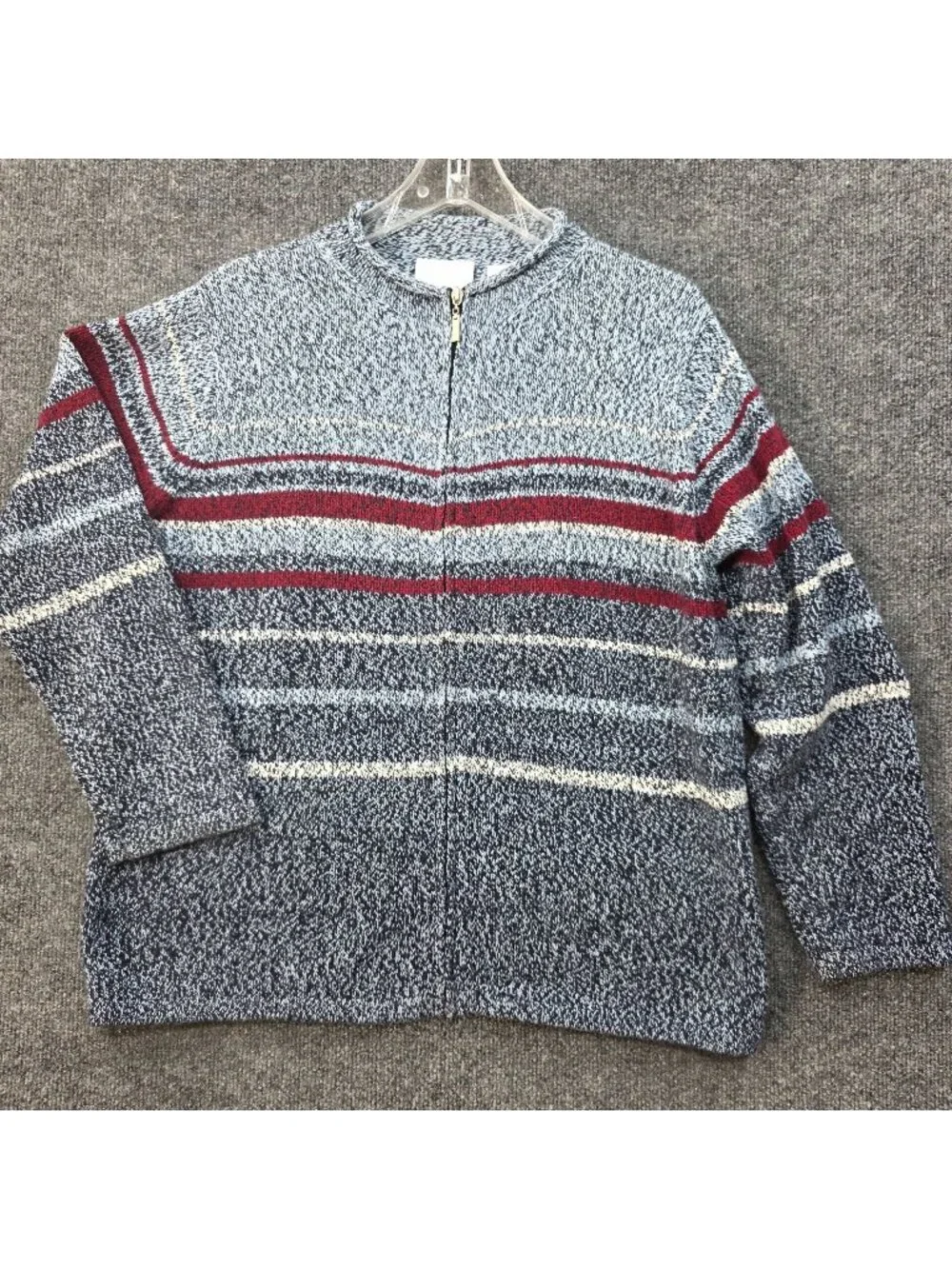Liz Claiborne L Zip Front Marled Knit Cardigan Sweater Striped Blue Old Money